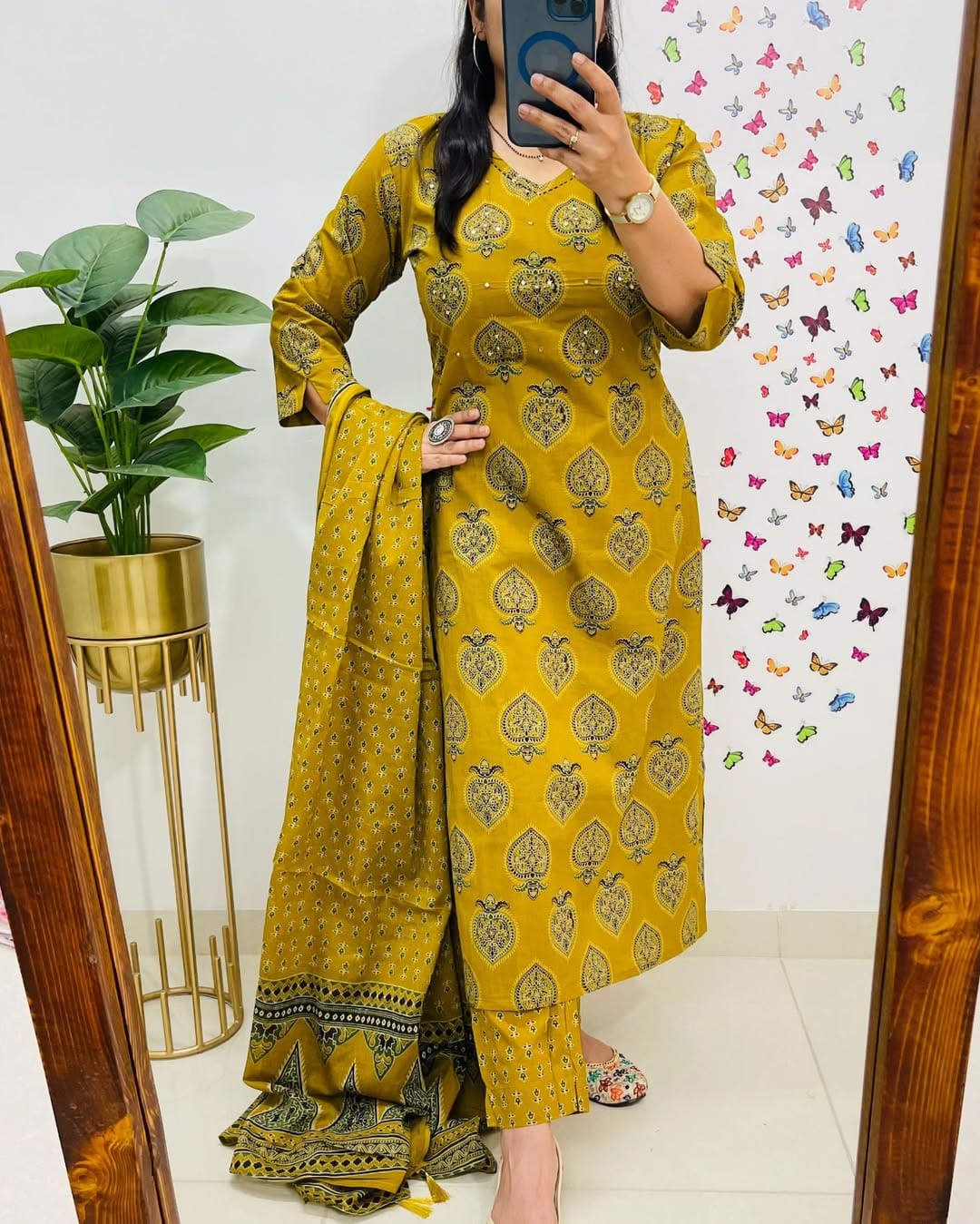 Mustard Yellow Printed Cotton Suit Set