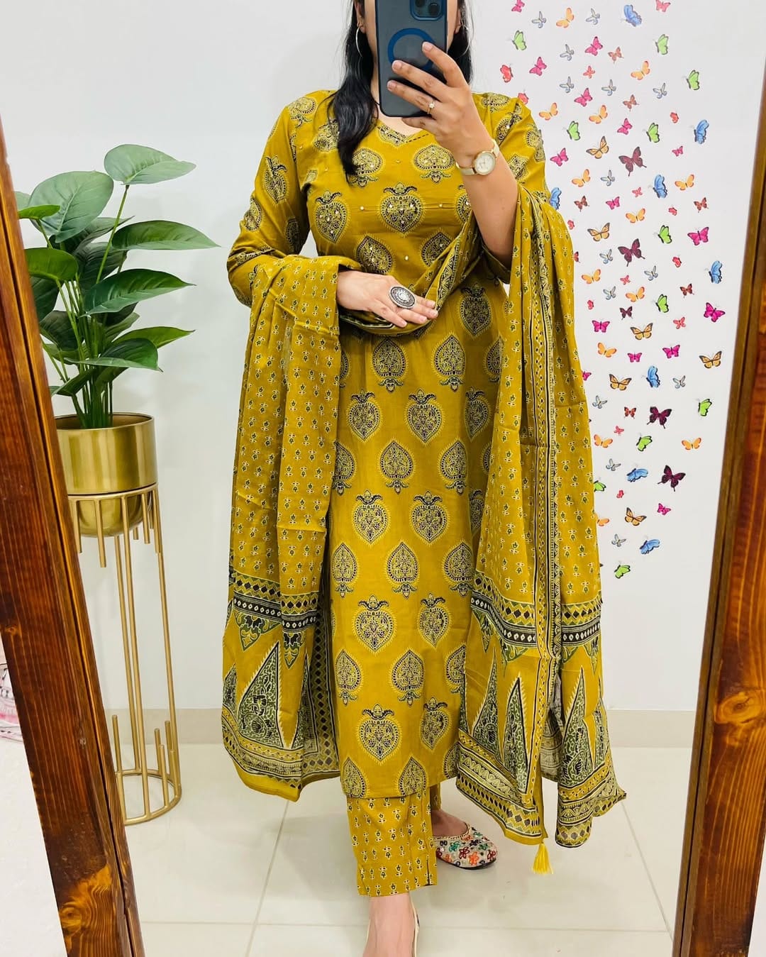 Mustard Yellow Printed Cotton Suit Set