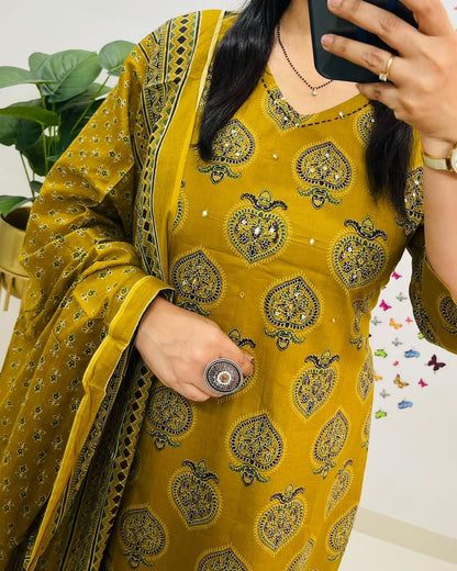 Mustard Yellow Printed Cotton Suit Set