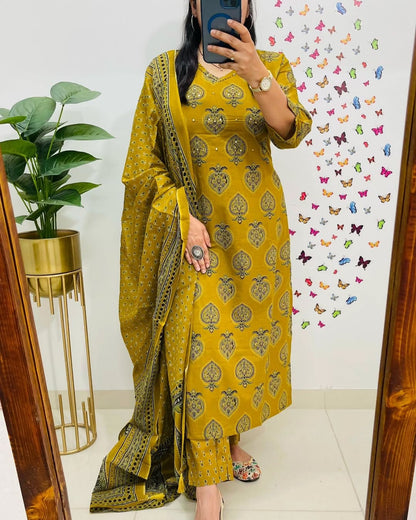 Mustard Yellow Printed Cotton Suit Set