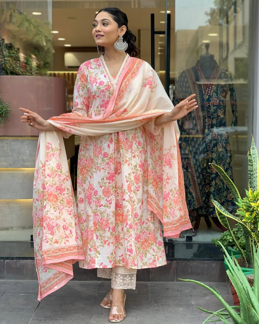 Floral Print Pure Cotton Ethnic Kurta Set With Attached Dupatta