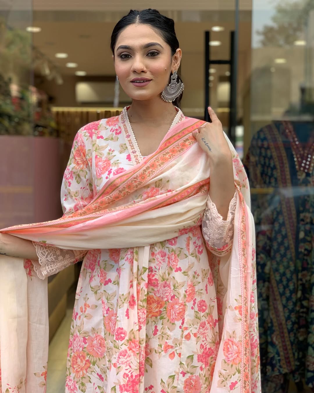 Floral Print Pure Cotton Ethnic Kurta Set With Attached Dupatta