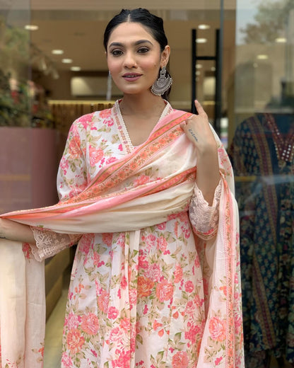 Floral Print Pure Cotton Ethnic Kurta Set With Attached Dupatta