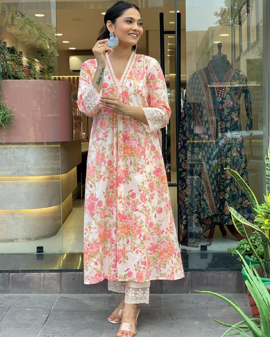 Floral Print Pure Cotton Ethnic Kurta Set With Attached Dupatta
