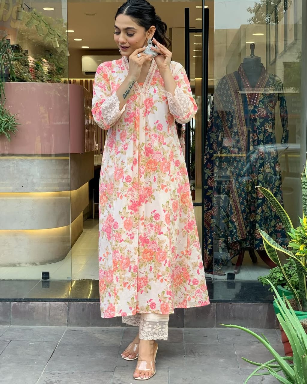 Floral Print Pure Cotton Ethnic Kurta Set With Attached Dupatta