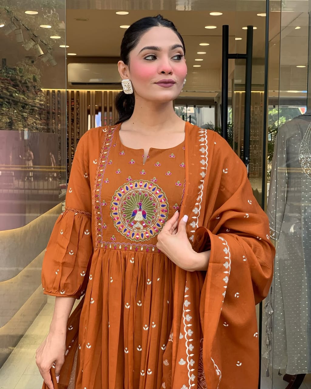 Rust Brown Floor-Length Anarkali Suit with Embroidery and Dupatta