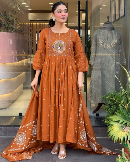 Rust Brown Floor-Length Anarkali Suit with Embroidery and Dupatta