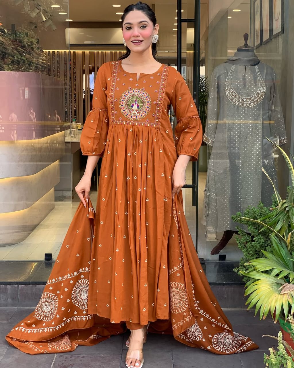 Rust Brown Floor-Length Anarkali Suit with Embroidery and Dupatta