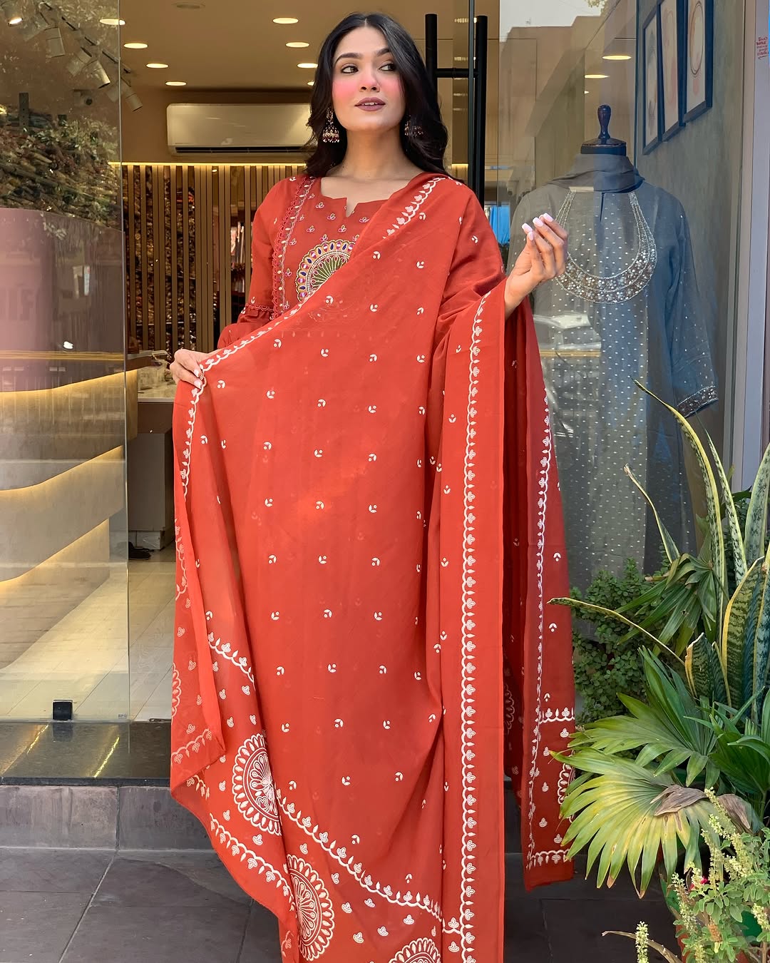 Rust Orange Embroidered Anarkali Suit with Dupatta for Women