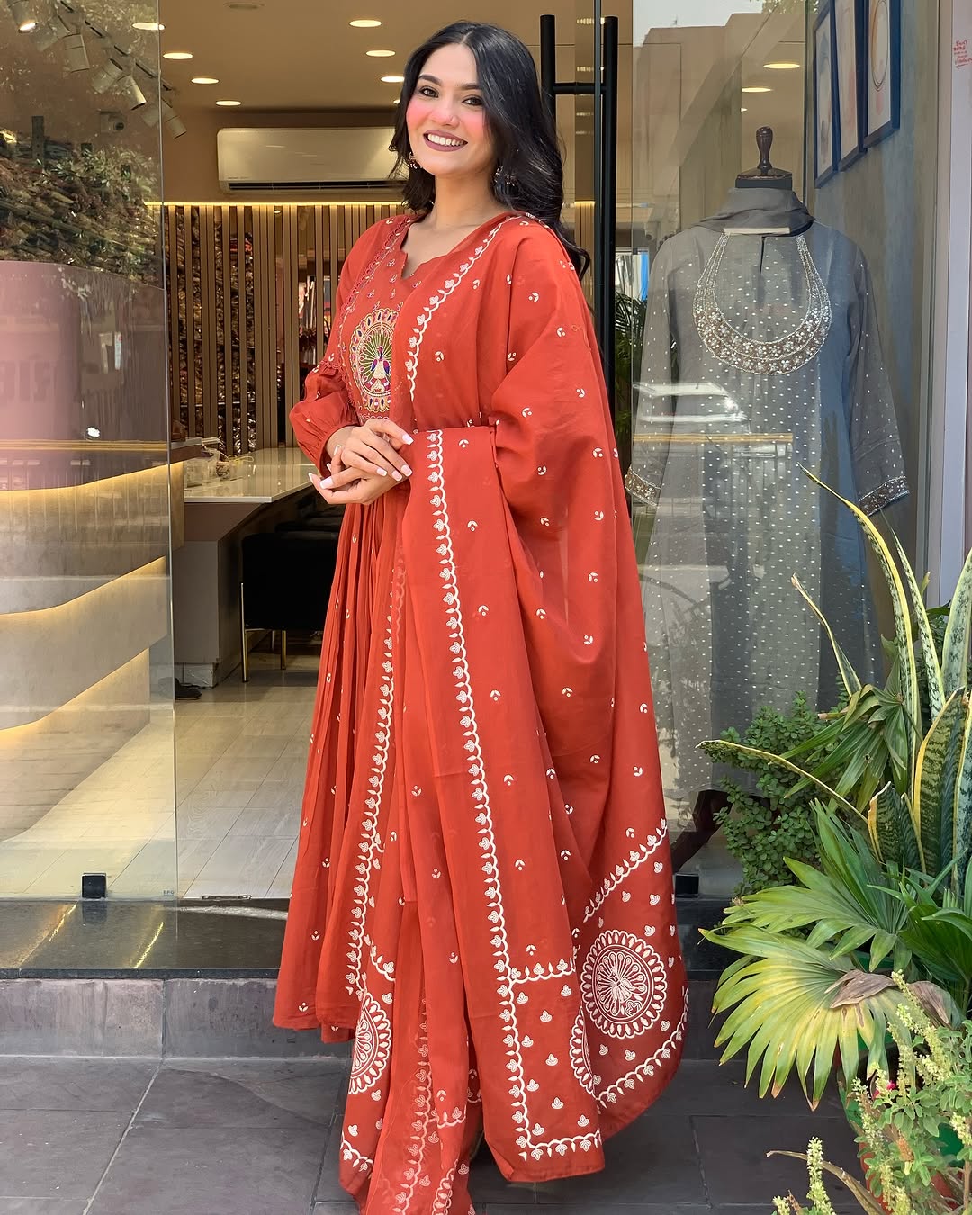 Rust Orange Embroidered Anarkali Suit with Dupatta for Women