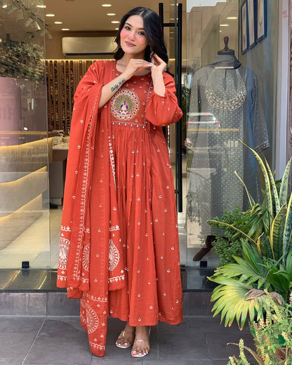 Rust Orange Embroidered Anarkali Suit with Dupatta for Women
