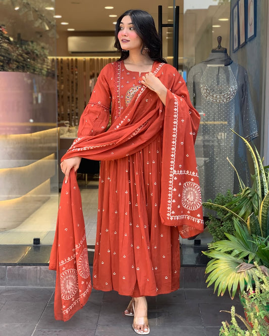 Rust Orange Embroidered Anarkali Suit with Dupatta for Women