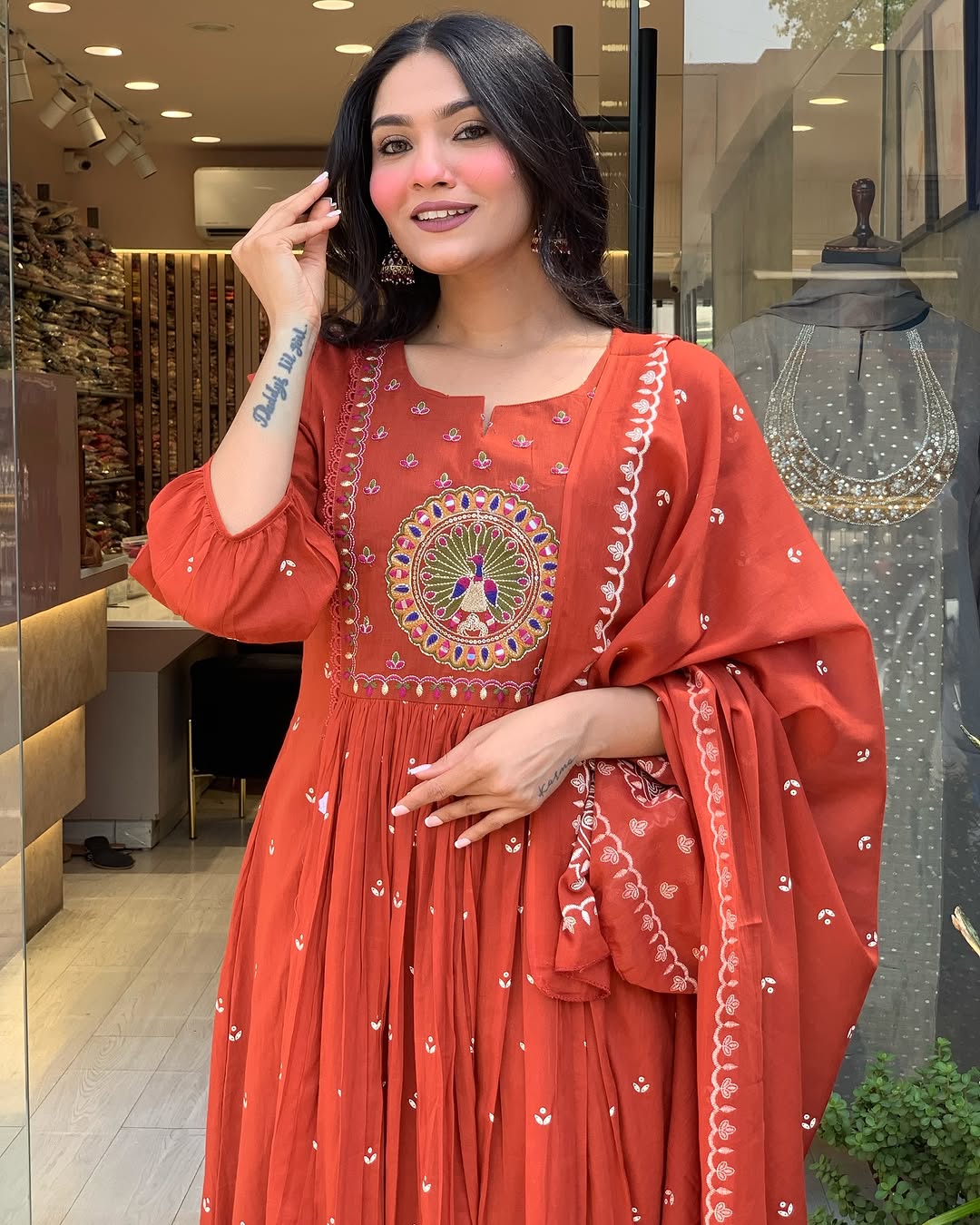 Rust Orange Embroidered Anarkali Suit with Dupatta for Women