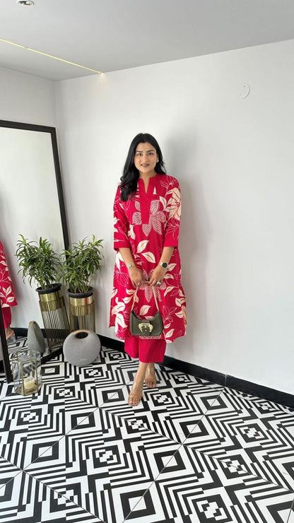 Bold Red Floral Kurta Set for Effortless Chic