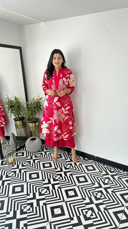 Bold Red Floral Kurta Set for Effortless Chic