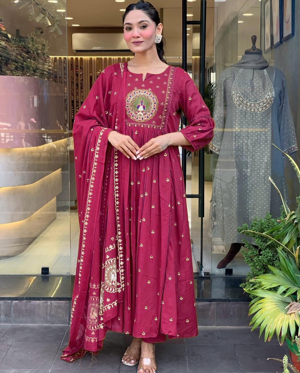 Maroon Anarkali Kurta Set with Peacock Embroidery