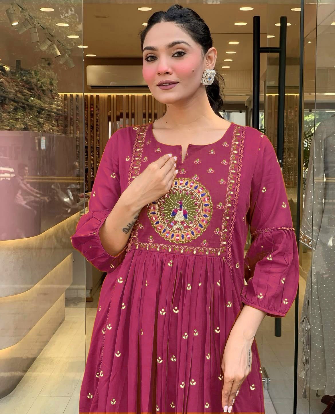Maroon Anarkali Kurta Set with Peacock Embroidery
