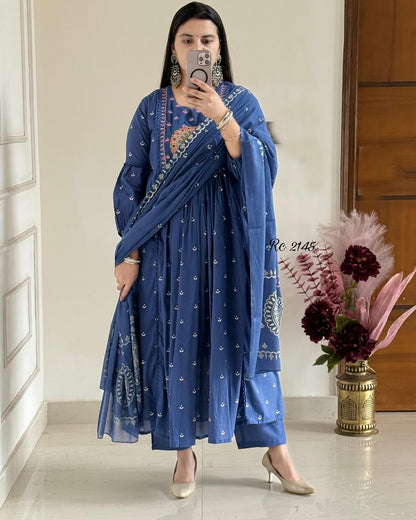 Royal Blue Anarkali Kurta Set with Mirror Embroidery