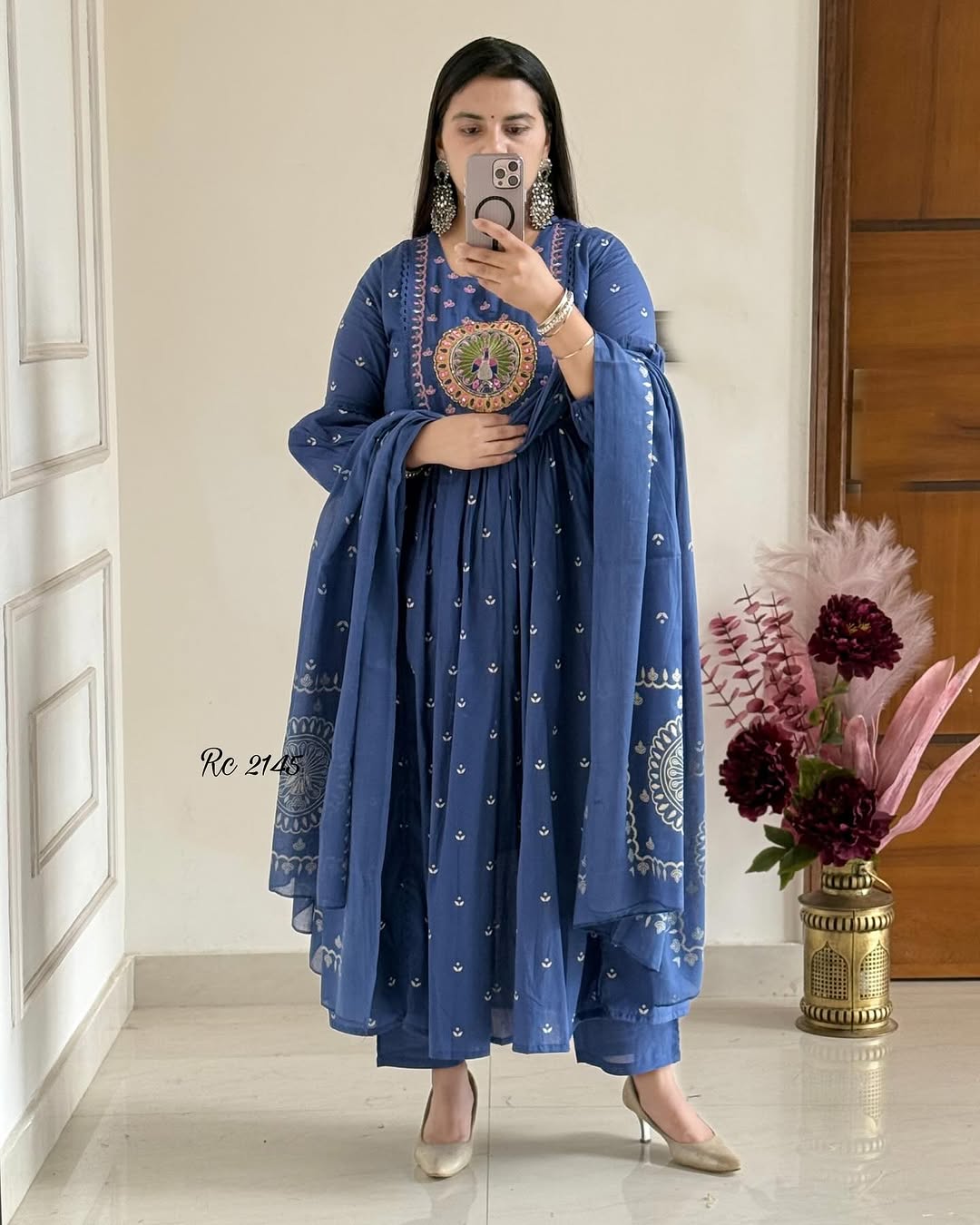Royal Blue Anarkali Kurta Set with Mirror Embroidery