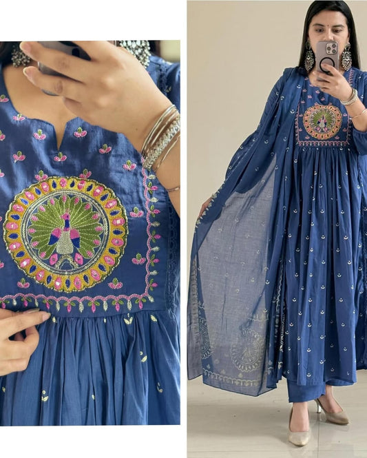 Royal Blue Anarkali Kurta Set with Mirror Embroidery