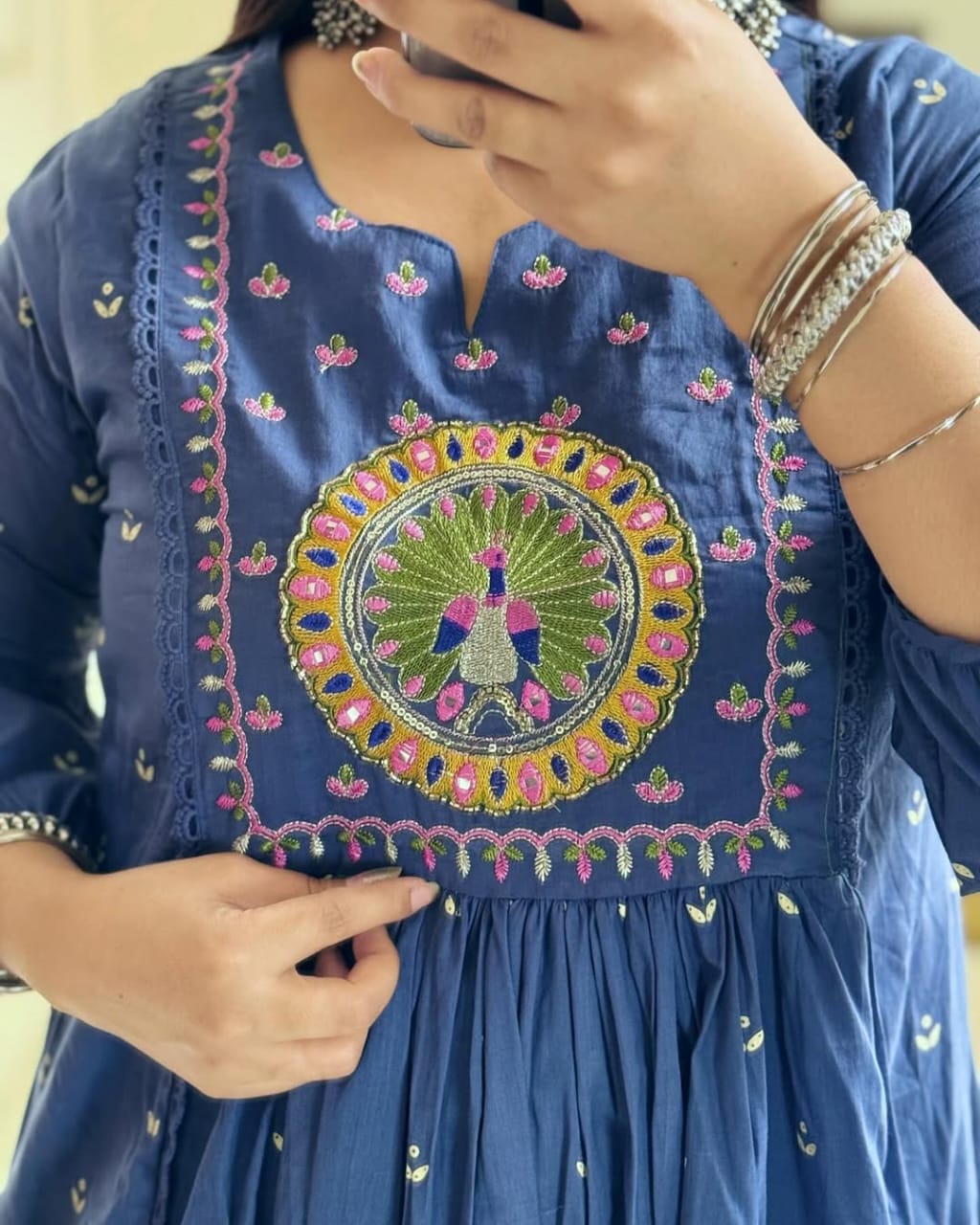 Royal Blue Anarkali Kurta Set with Mirror Embroidery