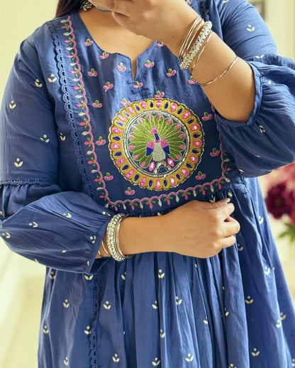 Royal Blue Anarkali Kurta Set with Mirror Embroidery