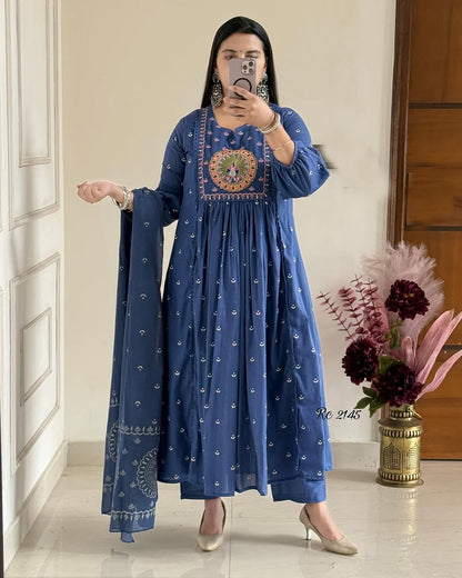 Royal Blue Anarkali Kurta Set with Mirror Embroidery