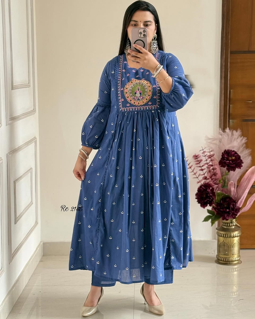 Royal Blue Anarkali Kurta Set with Mirror Embroidery