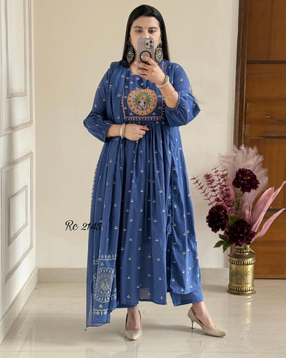Royal Blue Anarkali Kurta Set with Mirror Embroidery