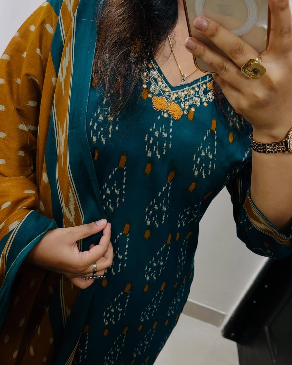 Teal and Mustard Ikat Print Cotton Kurta Set with Dupatta