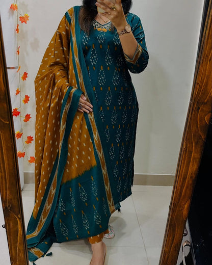 Teal and Mustard Ikat Print Cotton Kurta Set with Dupatta