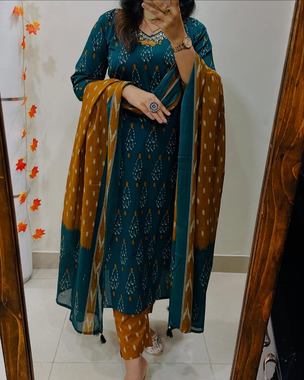 Teal and Mustard Ikat Print Cotton Kurta Set with Dupatta