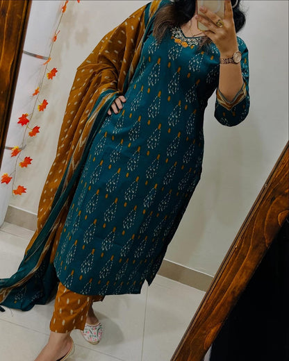 Teal and Mustard Ikat Print Cotton Kurta Set with Dupatta