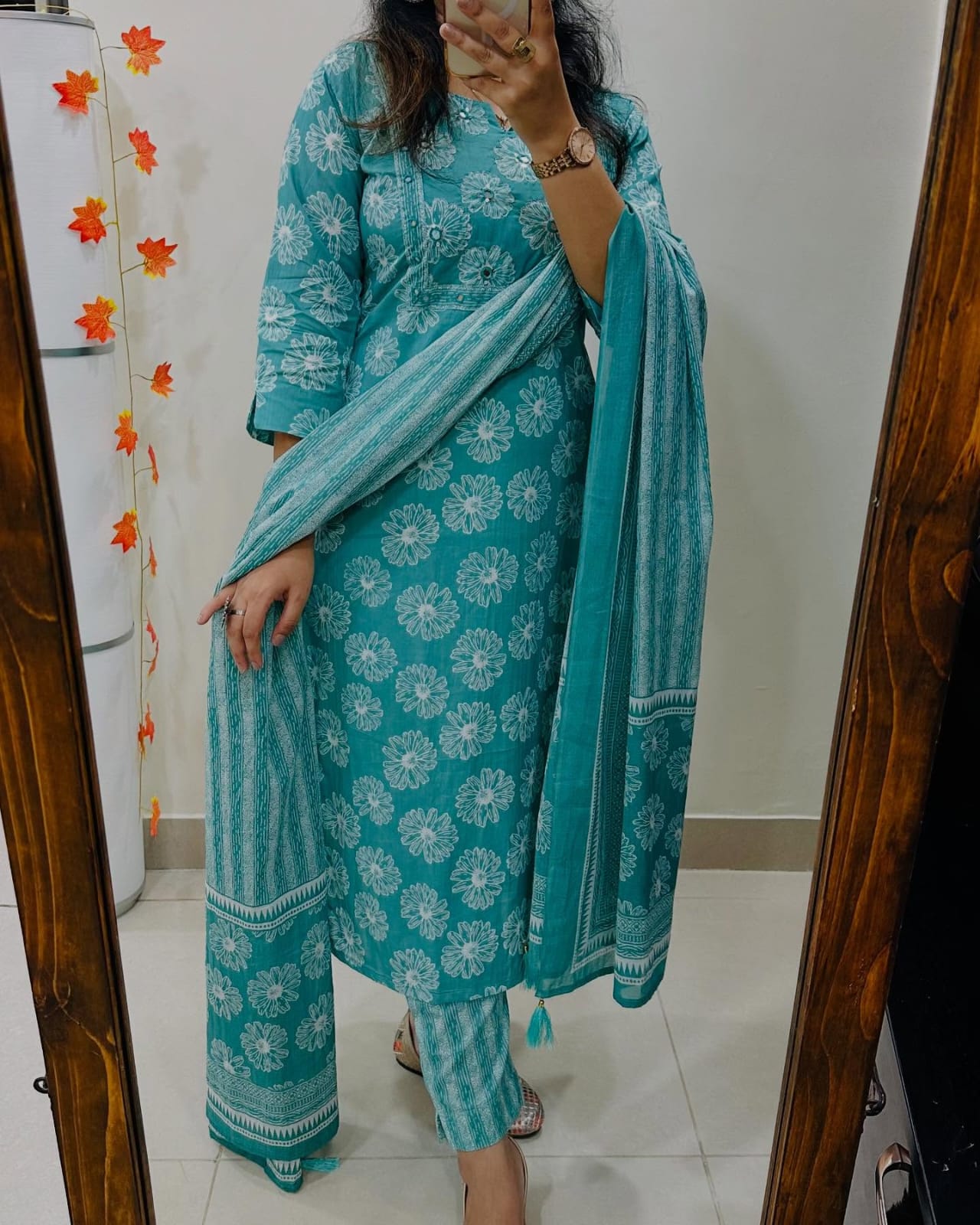 Floral Print Cotton Kurta Set with Striped Dupatta