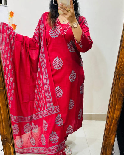 Elegant Red Cotton Kurta Set with Dupatta