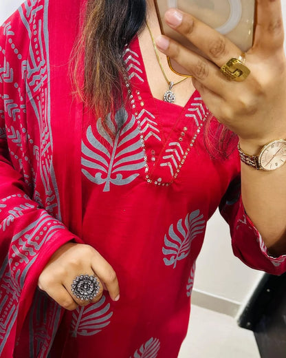 Elegant Red Cotton Kurta Set with Dupatta