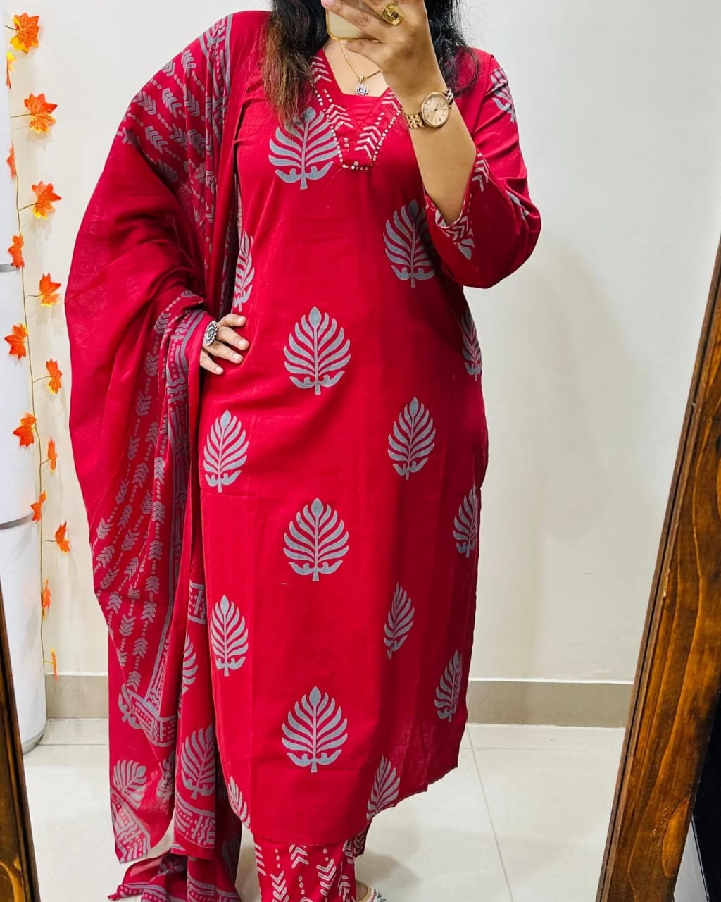 Elegant Red Cotton Kurta Set with Dupatta