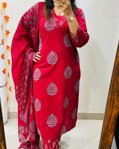 Elegant Red Cotton Kurta Set with Dupatta
