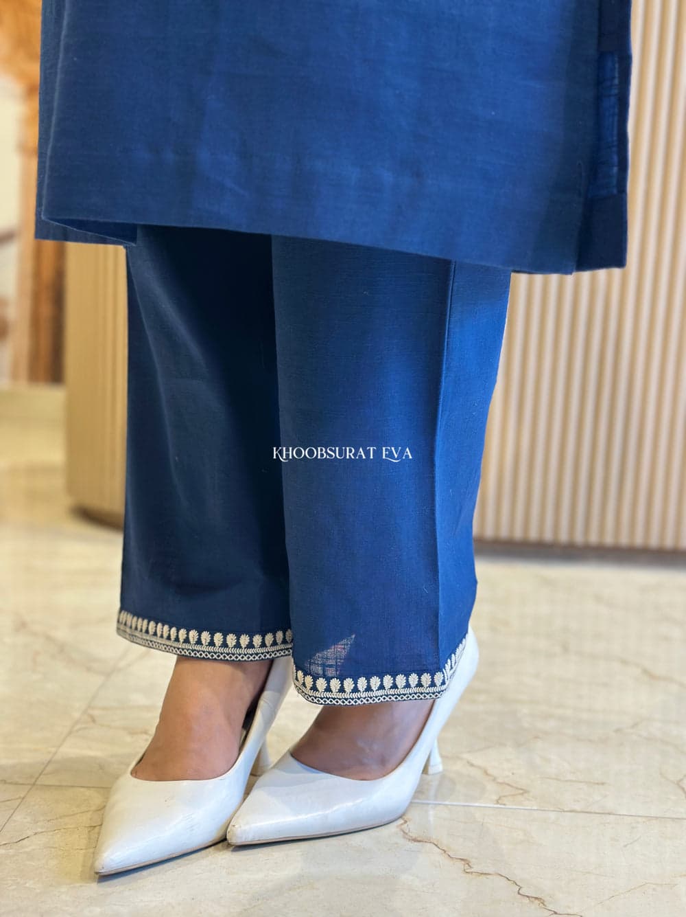 Royal Blue Cotton Kurta Set with Intricate White Embroidery and Statement Sleeves