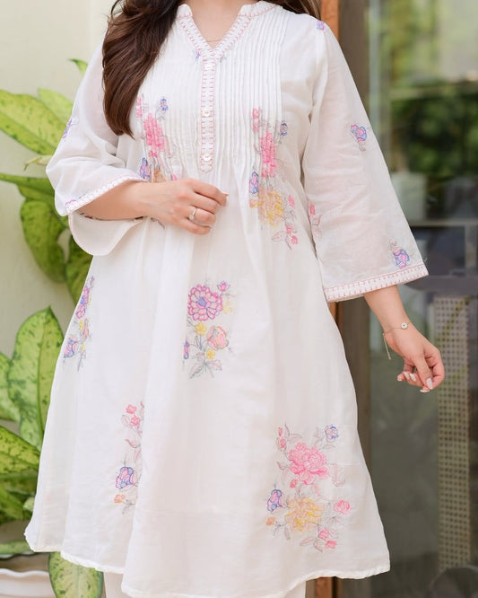 Elegant White Mulmul Cotton A-Line Kurta Set with Floral Embroidery