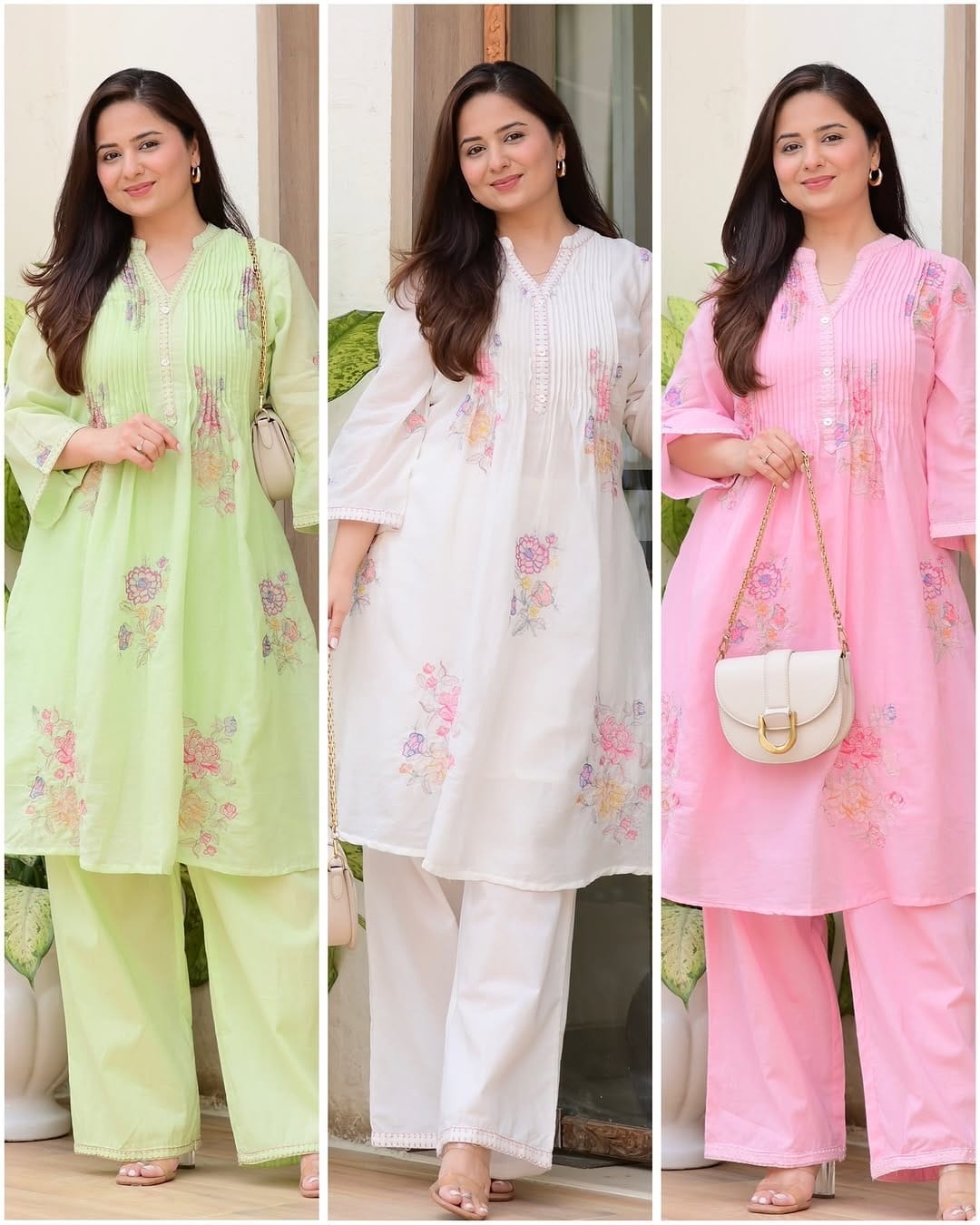 Elegant White Mulmul Cotton A-Line Kurta Set with Floral Embroidery