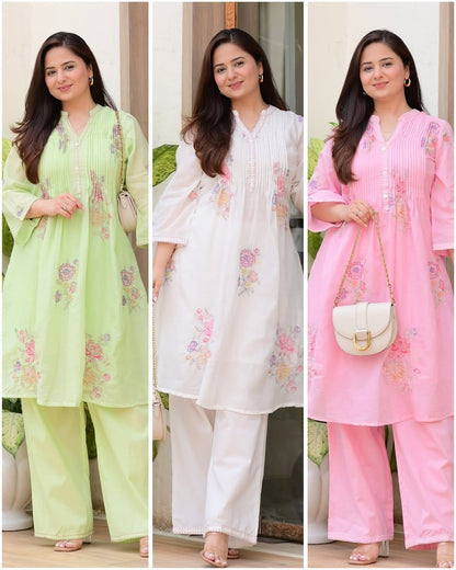 Elegant White Mulmul Cotton A-Line Kurta Set with Floral Embroidery