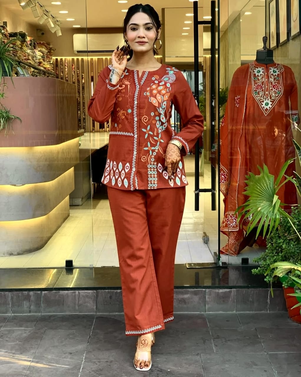 Rust Orange Embroidered Cotton Kurta Set