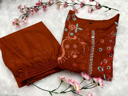Rust Orange Embroidered Cotton Kurta Set
