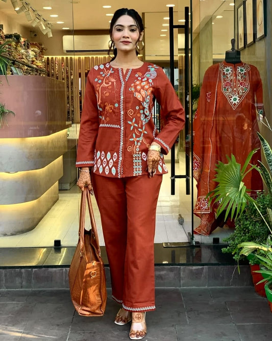 Rust Orange Embroidered Cotton Kurta Set