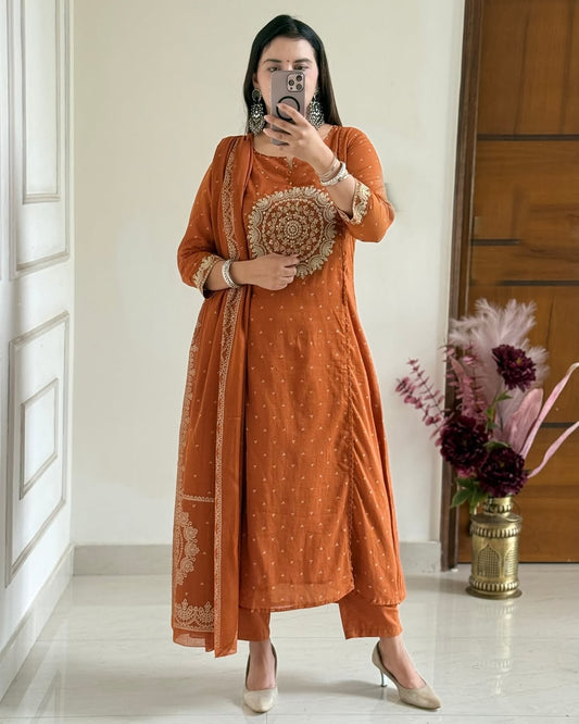 Orange Elegant A-Line Kurti with Embroidery & Dupatta