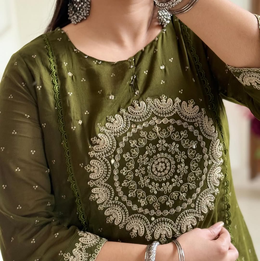 Green Elegant A-Line Kurti with Embroidery & Dupatta