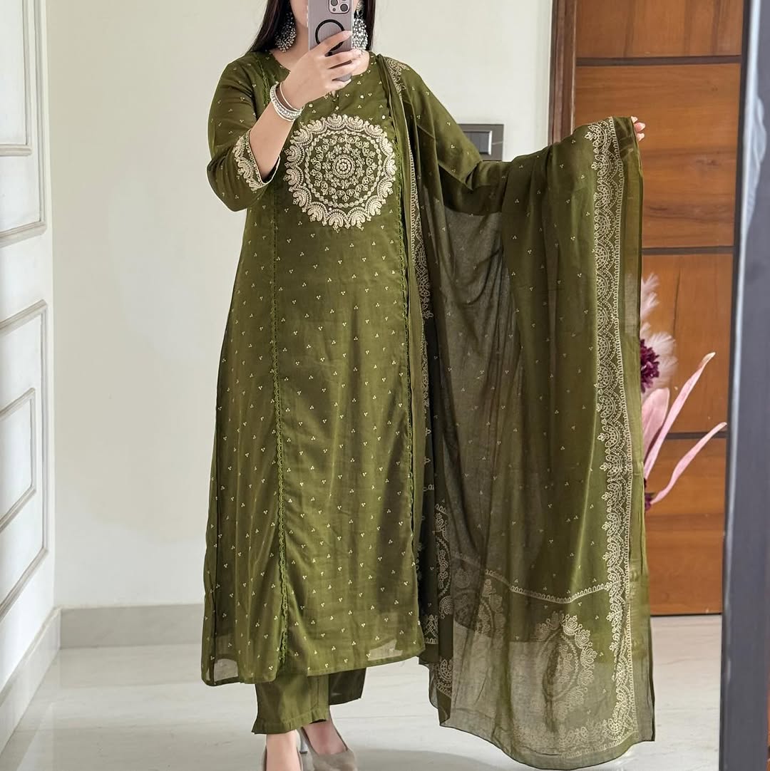 Green Elegant A-Line Kurti with Embroidery & Dupatta