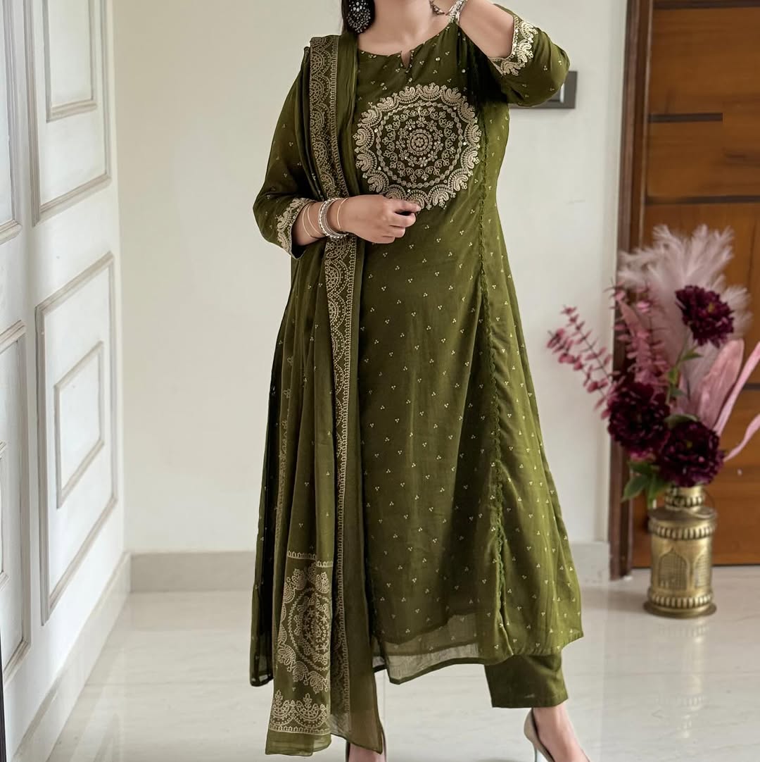 Green Elegant A-Line Kurti with Embroidery & Dupatta