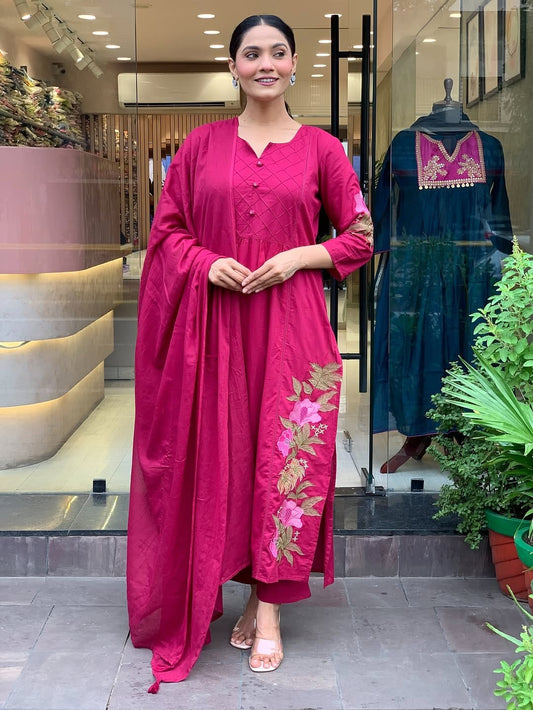 Embroidered Straight A-Line Kurta with One-Side Pocket